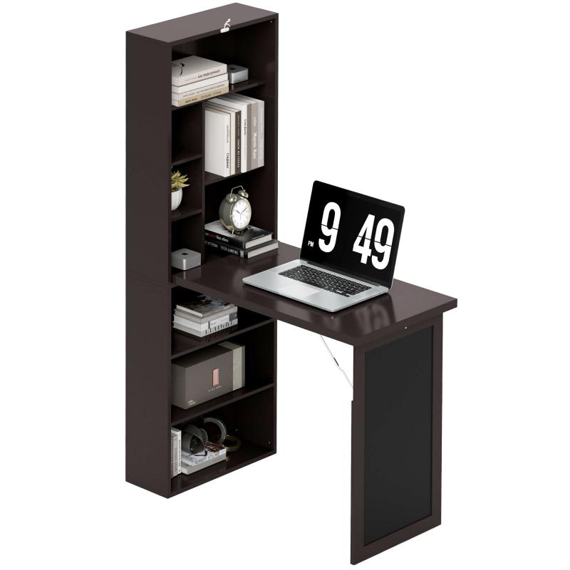 HOMCOM Klappbarer Computertisch mit Stauraum, Wandtisch mit Bücherregal, Arbeitsplatz, Kreidetafel und höhenverstellbarem Regal, braun Aosom – Bild 1 von 2