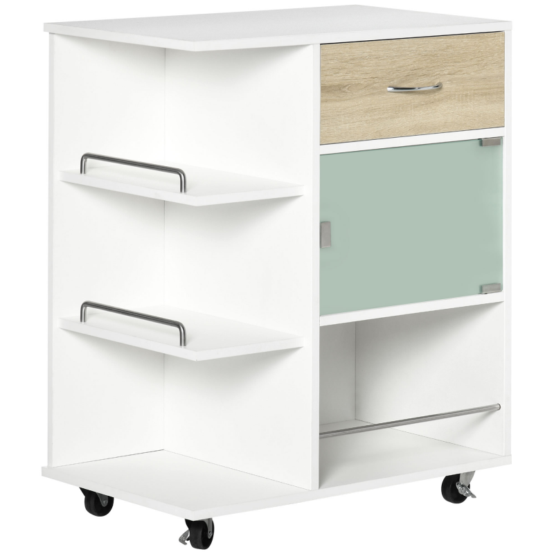 HOMCOM Küchenwagen, Servierwagen, 360° schwenkbare Räder, Regale mit Barriere, Kücheninsel, mit Schublade, Regalen, Schrank, 65 x 39 x 80 cm, weiß Aosom – Bild 1 von 2