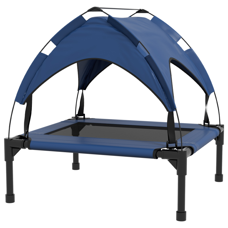 PawHut Erhöhtes Hundebett mit Baldachin, Haustierbett, Outdoor Hundeliege mit Dach, Atmungsaktiv, für kleine und mittelgroße Hunde Dunkelblau Oxford 76 x 61 x 69,5 cm Aosom – Bild 1 von 2