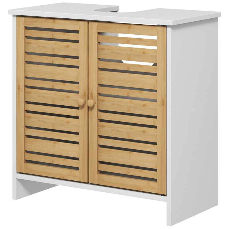 HOMCOM Waschtischunterschrank Badezimmermöbel 2 Türen mit verstellbarem Regal Aufbewahrungsschrank für Waschbecken 60 x 30 x 60 cm Bambus Natur und Weiß Aosom – Bild 1 von 2