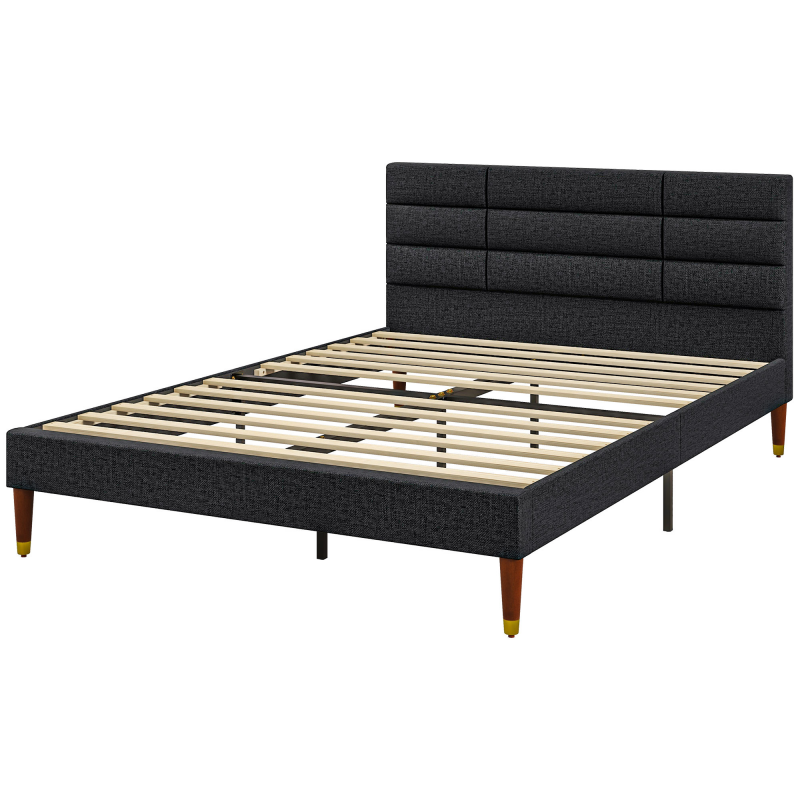 HOMCOM Doppelbettgestell 140 x 200 cm für 2 Personen - Höhe 17 cm mit Stauraum unter dem Bett, Lattenrost und gepolstertem Kopfteil - aus Holz und Stoff, Schwarz Aosom – Bild 1 von 2