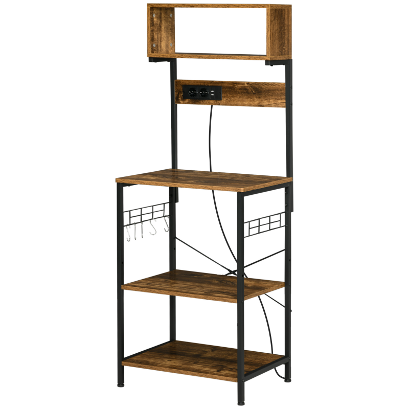 HOMCOM Küchenregal für Mikrowelle Industrie-Möbel mit 2 USB-Ladern und 2 Steckdosen, 5 Haken und verstellbarem Regal, 60 x 42 x 153 cm rustikales Braun Aosom – Bild 1 von 2