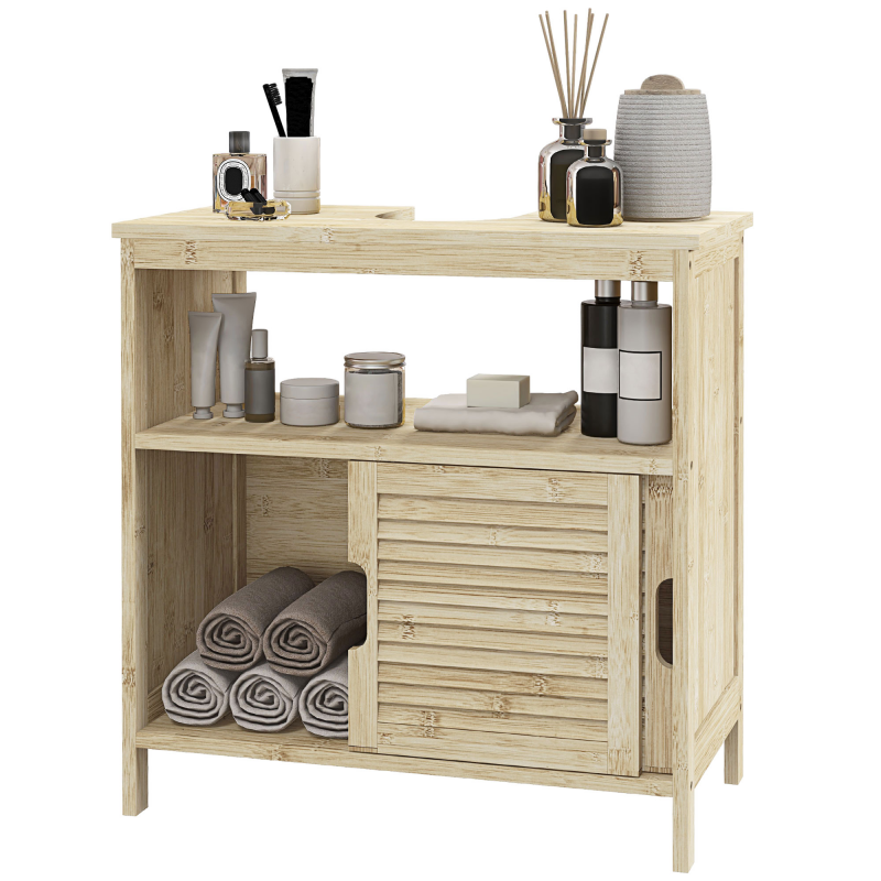HOMCOM Badezimmerschrank unter Waschbecken aus Bambus, Stauraummöbel für Badezimmer mit 2 Lamellen-Schiebetüren, 60 x 30 x 60 cm, Natürliches Holz Aosom – Bild 1 von 2