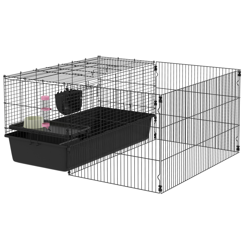 PawHut Kleintierstall mit Auslauf, 112,5L x 99B x 54H cm, mit Wasserflasche, Futterrinne, Futterschale, für Kleintiere, Stahl, Schwarz Aosom – Bild 1 von 2