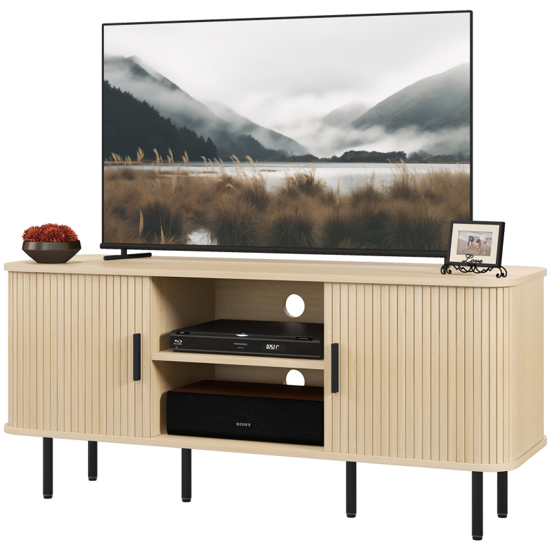 HOMCOM TV-Schrank, TV-Bank, mit 2 Rolltüren aus Lamellen, 120 cm, skandinavisches Design, TV-Schrank für Fernseher bis zu 55 Zoll, Eichenholzton Aosom – Bild 1 von 2
