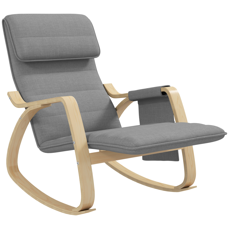 HOMCOM Schaukelstuhl Stillstuhl Relaxsessel mit verstellbarem Fußhocker, Seitentasche und Kopfpolster, Schaukelsessel für Schlafzimmer, 67 x 110 x 91 cm grau Aosom – Bild 1 von 2