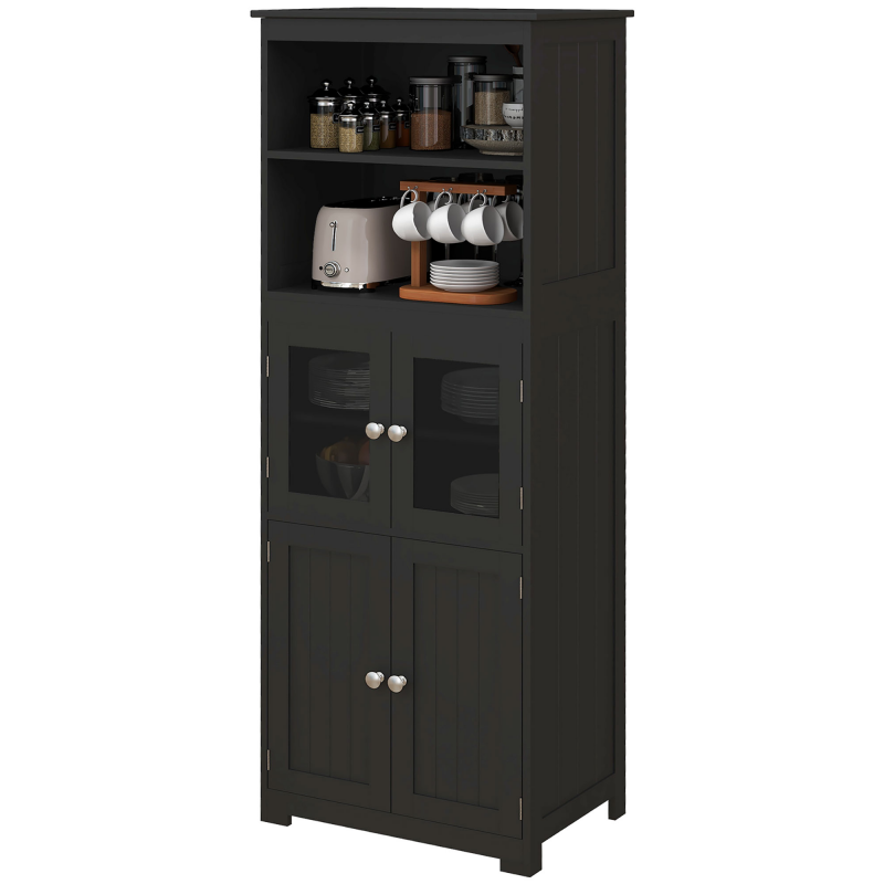 HOMCOM Küchenschrank Buffet Küchenvitrine Aufbewahrungsmöbel mit 2 Nischen, 2 Schränken mit 4 Türen inkl. 2 Glastüren, verstellbare Regalböden - 60B x 30T x 162H cm Schwarz Aosom – Bild 1 von 2