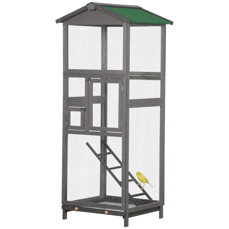 PawHut Vogelkäfig Voliere aus massivem Holz, extragroß, 2 Türen, asbestdichtes Dach, herausnehmbares Tablett - 68 x 63 x 165 cm, grau Aosom – Bild 1 von 2