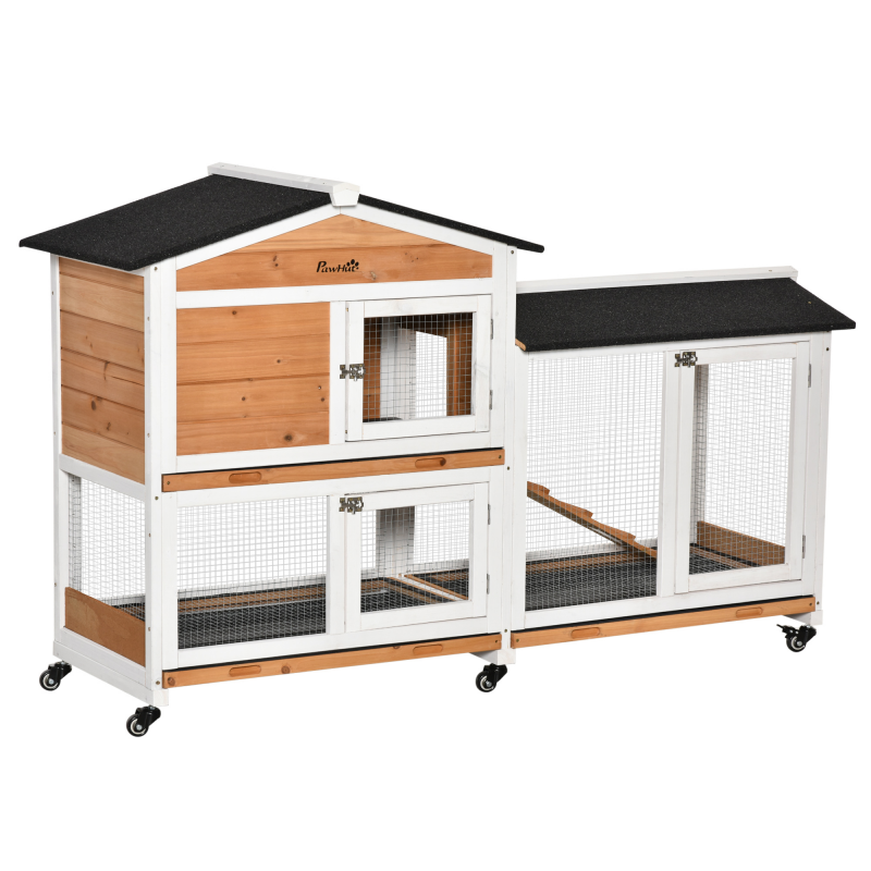 PawHut Kaninchenstall Holz für Kaninchen kleiner Auslauf Tier-Villa für Kaninchen auf Rollen 2 Etagen 3 herausnehmbare Schubladen 157,4 x 53 x 99,5 cm gelb Aosom – Bild 1 von 2
