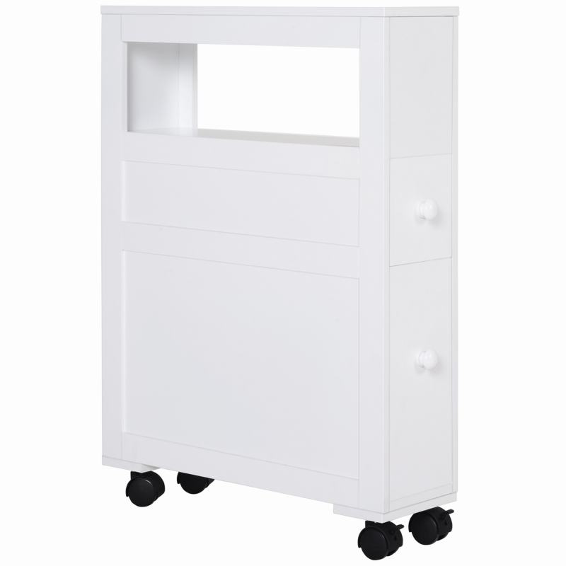 HOMCOM Badezimmerspeichermöbel auf Rollen, schmaler WC-Schrank, mit offenen Regal und 2 Schubladen, Belastung 20 kg, 16 x 52 x 71,5 cm, weiß Aosom – Bild 1 von 2
