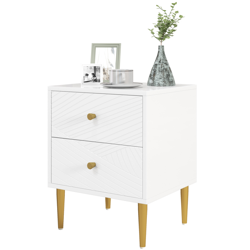 HOMCOM Nachttisch, Nachttisch, mit 2 Schubladen, Goldgriffe, Stahlbeine, für Schlafzimmer, Wohnzimmer, 40 x 35 x 50 cm, weiß Aosom – Bild 1 von 2