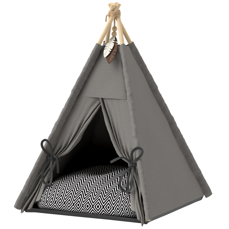 PawHut Tipi Zelt für Haustiere, Katzenzelt mit abnehmbar und waschbar Kissen, Katzenhaus mit rutschfestem Boden, Spielball, für Katzen unter 5kg, Mini Hunde, 60 x 60 x 76 cm, Grau Aosom – Bild 1 von 2