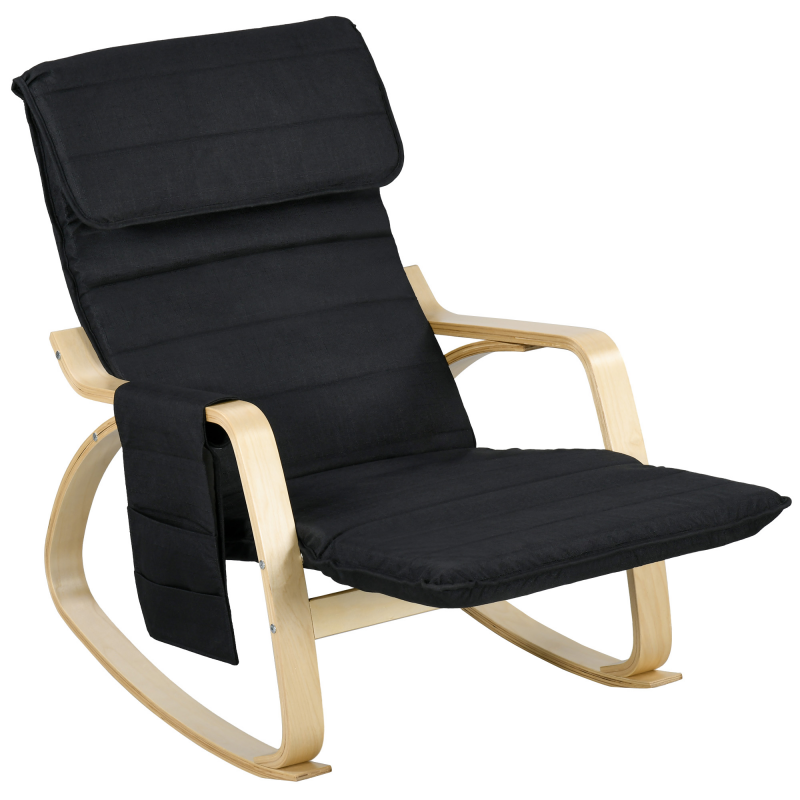 HOMCOM Schaukelstuhl Stillstuhl Relaxsessel mit verstellbarem Fußhocker, seitlicher Tasche und Kopfstütze, Schaukelsessel für Schlafzimmer, 67 x 110 x 91 cm Schwarz Aosom – Bild 1 von 2