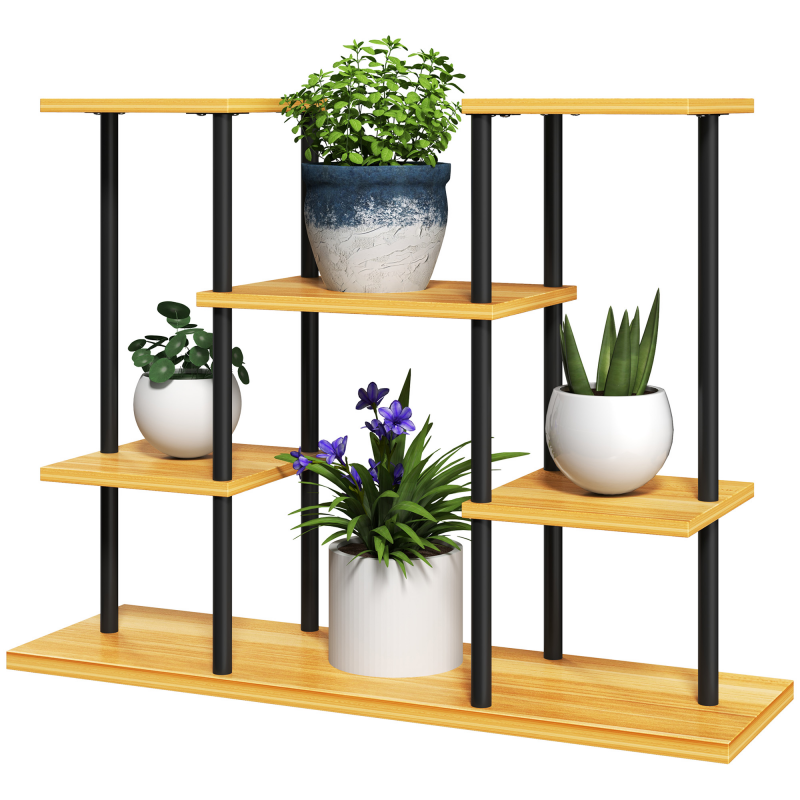 Outsunny Pflanzenständer für den Innenbereich, 6-stufiges Pflanzenregal, Stahlrahmen und massive Holzbasis, Pflanzenhalter für Wohnzimmer, Balkon, Garten, Naturholz Aosom – Bild 1 von 2