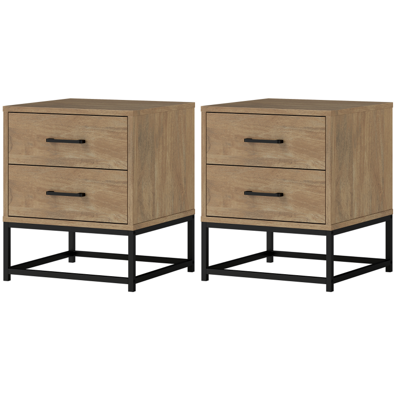 HOMCOM Set mit 2 Nachttischen Nachtkästchen mit 2 Schubladen, Beistelltisch im industriellen Stil für Schlafzimmer, Wohnzimmer, Maße 40 x 39,5 x 48 cm Naturholz-Finish Aosom – Bild 1 von 2