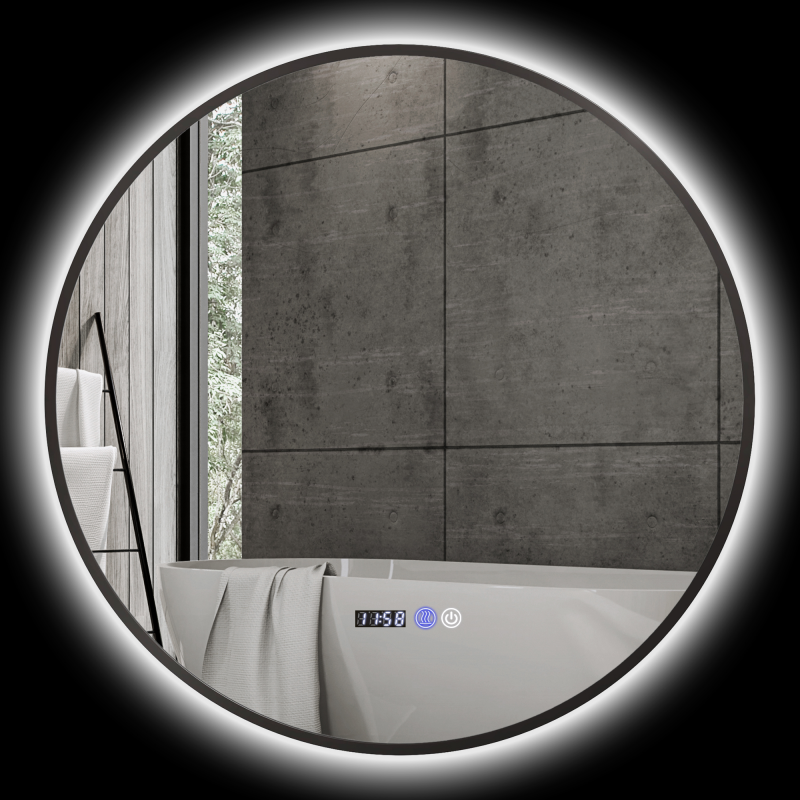 HOMCOM LED-Badezimmerspiegel Ø 70 cm, runder LED-Wandspiegel, stufenlos einstellbar, Antibeschlagfunktion, Touch-Schalter, Uhr- und Temperaturanzeige, schwarz Aosom – Bild 1 von 2