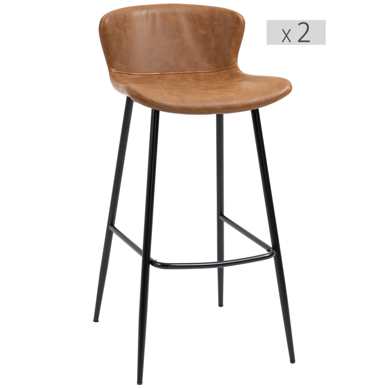 HOMCOM Set aus 2 Barhockern mit Sitzfläche aus Kunstleder, 76 cm Höhe mit Fußstütze aus Stahl und Vintage-Design-Rückenlehne - Braun Aosom – Bild 1 von 2