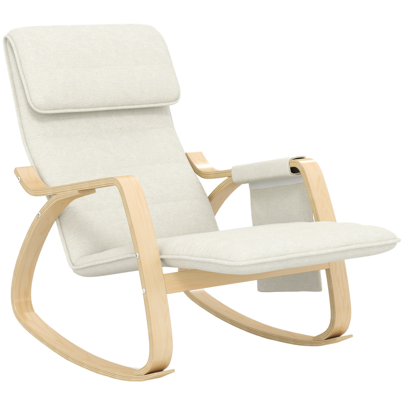 HOMCOM Schaukelstuhl Stillstuhl Relaxsessel mit verstellbarem Fußhocker, Seitentasche und Kopfpolster, Schaukelsessel für Schlafzimmer, 67 x 110 x 91 cm Creme Aosom – Bild 1 von 2