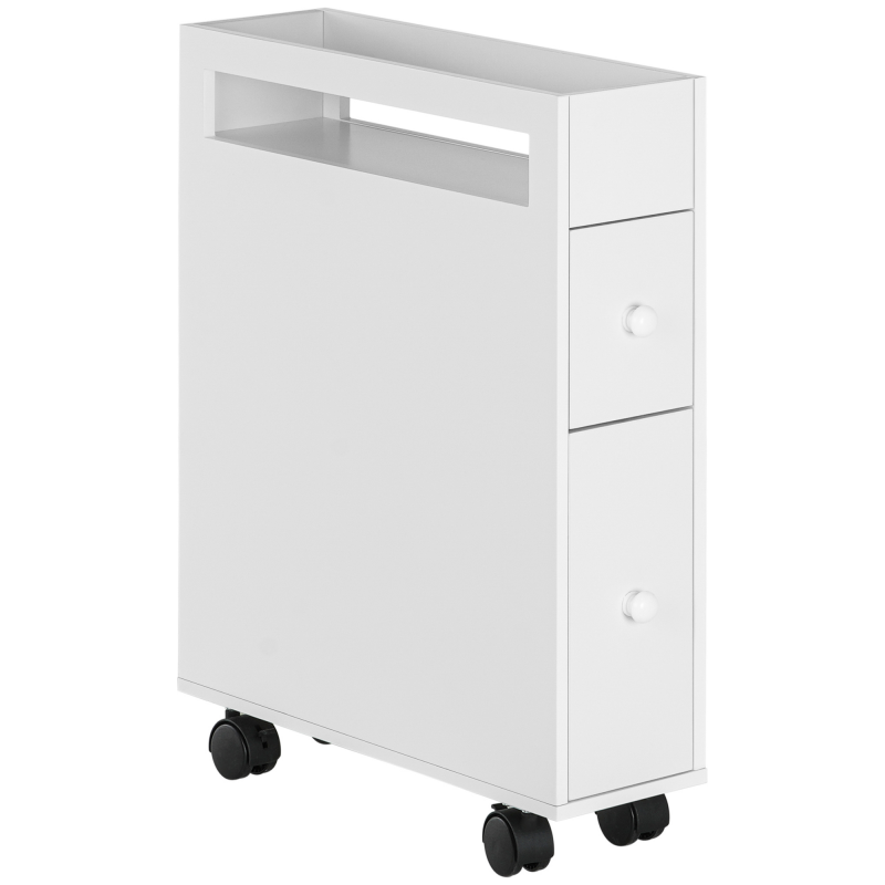 kleankin Badezimmerschrank Nischenschrank mit Rollen, 2 Schubladen & offenem Fach, Badrollwagen, Weiß, 16x49,5x66cm Aosom – Bild 1 von 2