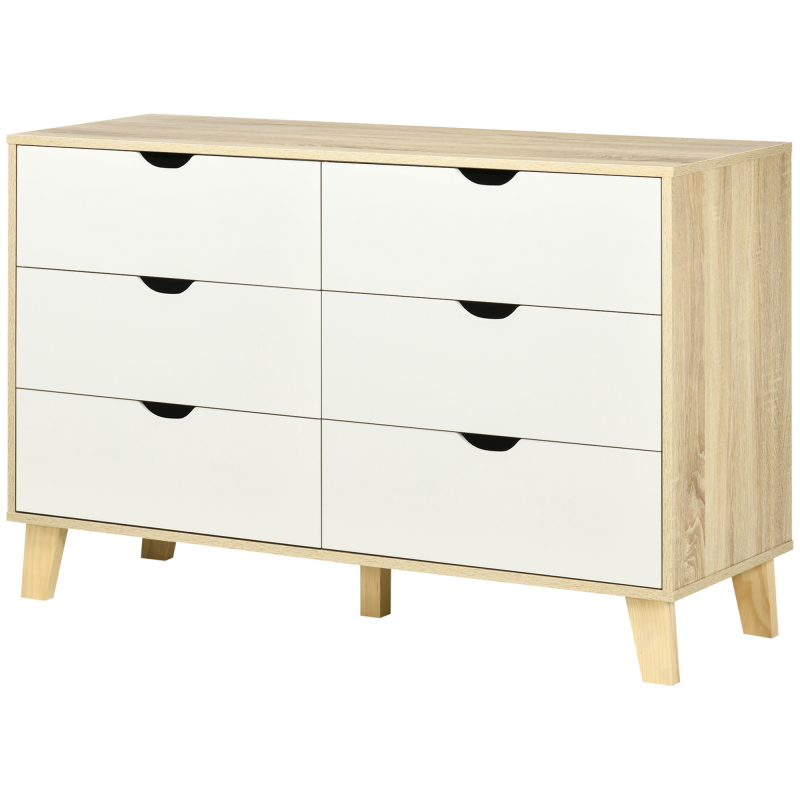 HOMCOM Kommode 6 Schubladen Schlafzimmer Aufbewahrungsmöbel skandinavischer Stil mit Holzfüßen, für Schlafzimmer, Wohnzimmer, Größe 120B x 40T x 76H cm, Holzoptik und Weiß Aosom – Bild 1 von 2