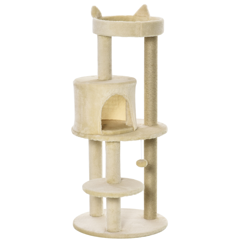 PawHut Katzenbaum Multi-Ausstattung Kratzbäume Kratzmöbel Plattformen Höhle Spielball Ø 48 x 104H cm Creme Aosom – Bild 1 von 2