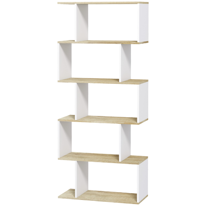 HOMCOM Bücherregal Aufbewahrungsmöbel im skandinavischen Stil mit 5 Regalen gegen Kippen, Belastung 25 kg für Büro Wohnzimmer Schlafzimmer 70x29,5x163 cm Holzoptik und Weiß Aosom – Bild 1 von 2