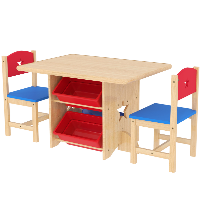 AIYAPLAY Kindertisch mit 2 Stühlen, 3-teiliges Set aus Holz, mit 4 Aufbewahrungsboxen, Sternenmuster, für Kinder von 3-7 Jahren, Naturholz Aosom – Bild 1 von 2