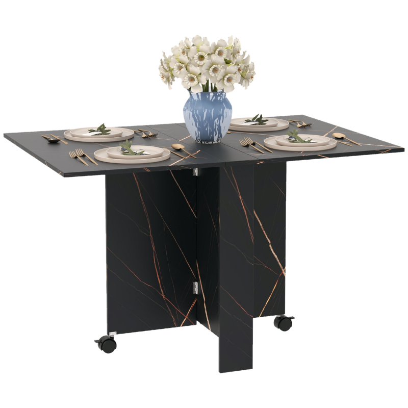 HOMCOM Klappbarer Küchentisch, ausziehbarer Esstisch, mit 2 Klappen, 2 Bremsrollen, für 6 Personen, Belastung 20 kg, 120 x 80 x 73 cm, schwarz marmoriert Aosom – Bild 1 von 2