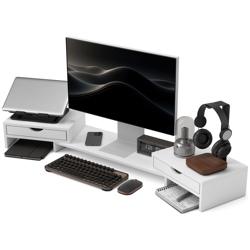 HOMCOM Monitorerhöhung PC-Schreibtisch Computertischständer von 60-116 cm Monitorständer mit 2 Schubladen, verstellbare Länge und Winkel, für Laptop, Computer, PC, Weiß Aosom – Bild 1 von 2