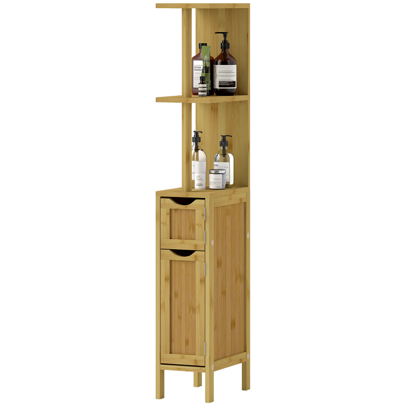 HOMCOM Badezimmerschrank, Badezimmerschrank, mit 2 offenen Regalen, 2 Schränken mit magnetischen Türen, aus Bambus, Naturholz Aosom – Bild 1 von 2