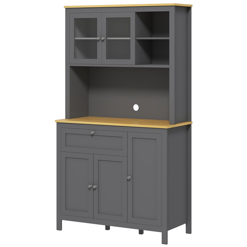 HOMCOM Küchenschrank Buffet Küche Vitrinenschrank Aufbewahrungsmöbel im modernen Stil mit 3 Schränken, Schublade, Fächern, Kabeldurchlass, verstellbaren Regalen und Glastüren, 100 x 40 x 180 cm, Grau Aosom – Bild 1 von 2