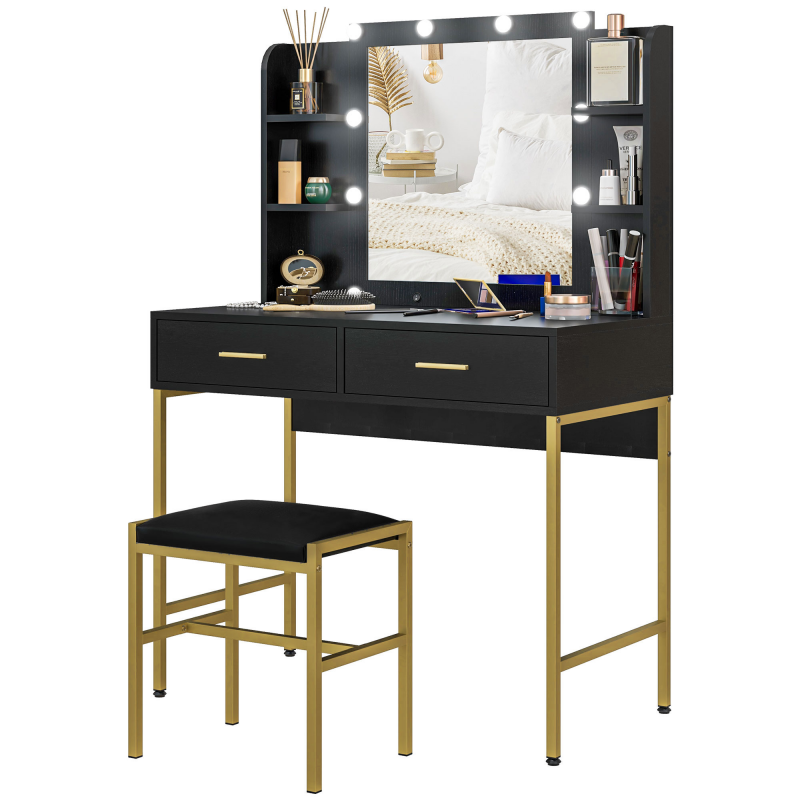 HOMCOM Frisierkommode Make-up-Tisch mit Hocker, Spiegel und integrierter Beleuchtung, 2 Schubladen, Regale, modern in schwarz für Schlafzimmer Aosom – Bild 1 von 2