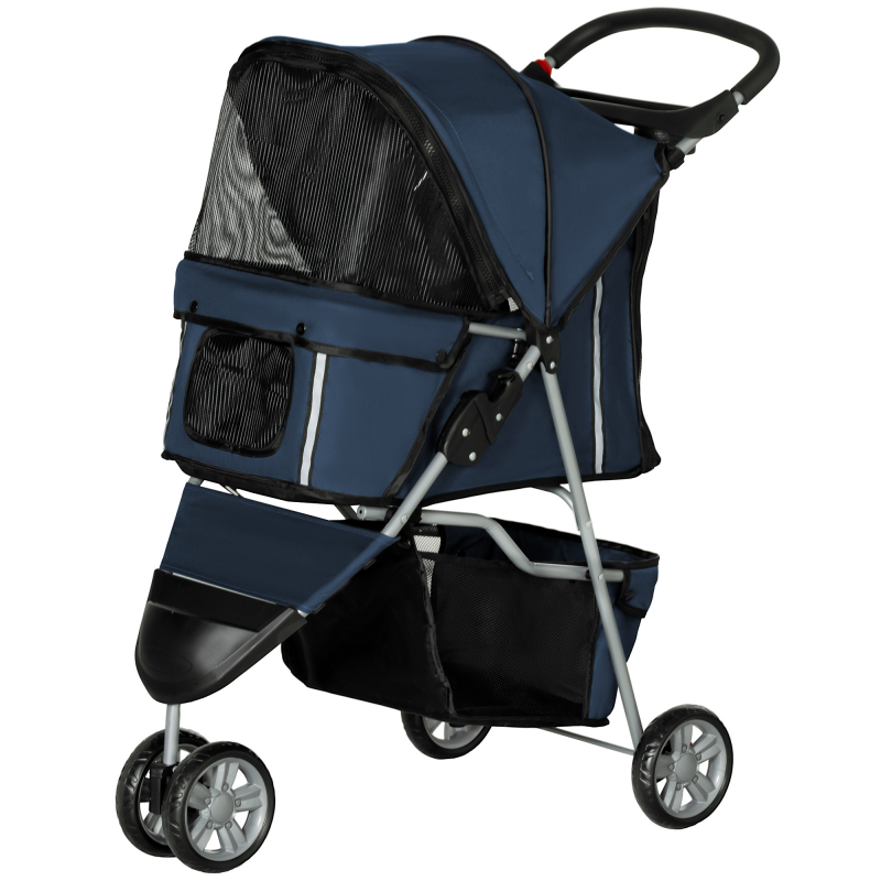 PawHut Hundekinderwagen zusammenklappbarer Buggy, faltbarer Wagen für Hunde und Katzen, Getränkehalter, Aufbewahrungskorb, Räder mit Bremse, 600D Oxford Stoff Stahl, 75 x 45 x 97 cm Dunkelblau Aosom – Bild 1 von 2