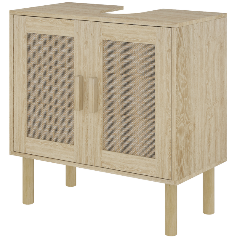 HOMCOM Badezimmerschrank mit Waschbeckenunterschrank, Rattantüren, Bohème-Stil, Kiefernholzfüße, 2 Stufen, 60 x 30 x 60 cm, Eiche Aosom – Bild 1 von 2