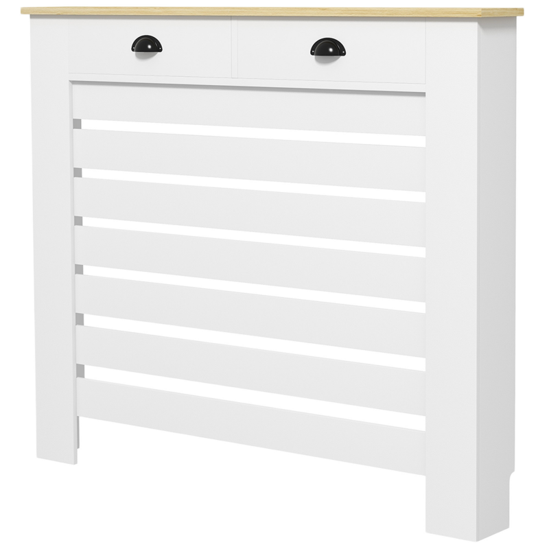 HOMCOM Heizkörperverkleidung, Heizkörperabdeckung, horizontale Lamellengitter, mit 2 Schubladen, für Wohnzimmer, Schlafzimmer, Flur, aus Holz, 111 x 19 x 95,5 cm, weiß Aosom – Bild 1 von 2
