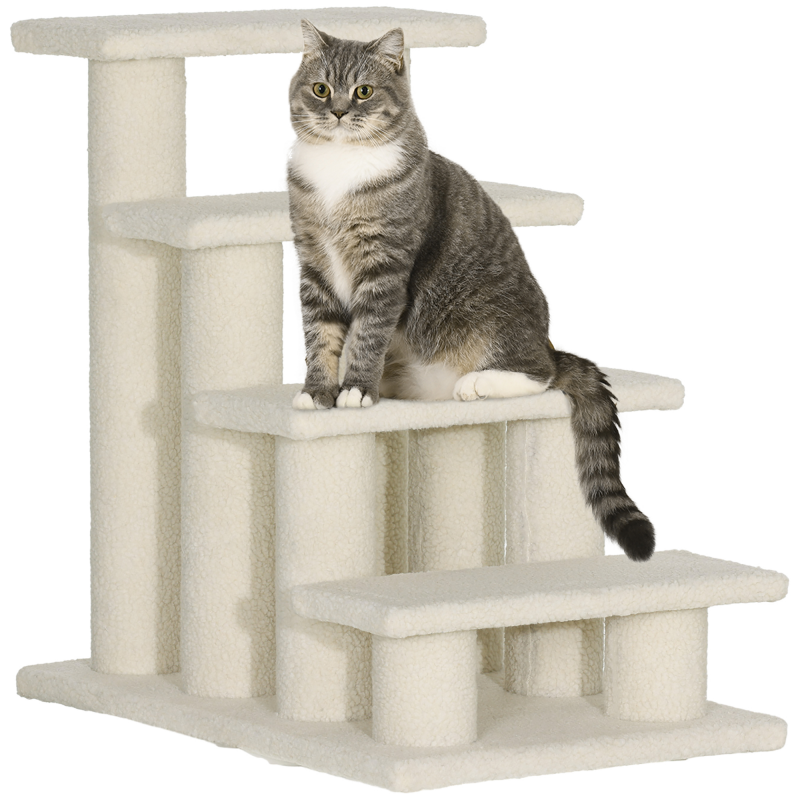 PawHut Tiertreppe für Hunde und Katzen 4-Stufen Plüsch Beige 63,5x43x60cm ideal für ältere Tiere Aosom.de – Bild 1 von 2