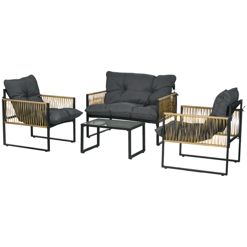 Outsunny 4-teiliges Gartenmöbelset, 2-Sitzer-Sofa, 2 Sessel und 1 Couchtisch mit gehärteter Glasplatte, 3 Kissen, Stahl und PE-Rattan - Grau Aosom – Bild 1 von 2