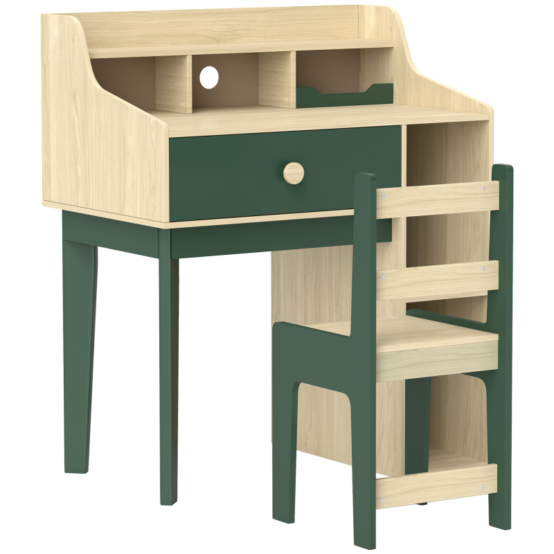 AIYAPLAY Kinder Schreibtisch und Stuhl Set für Kinder von 3 bis 10 Jahren, Schreibtisch für Jungen und Mädchen mit Stuhl, Regale und Schublade, Kindertisch mit Stuhl zum Lernen und Arbeiten, Naturholz und Grün Aosom – Bild 1 von 2