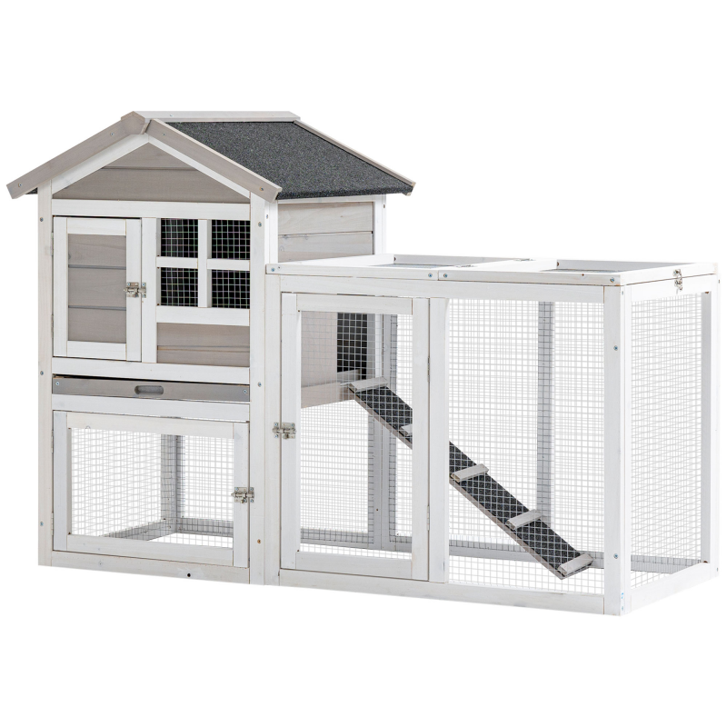PawHut Kaninchenstall Hütte - oberes Gehege mit Rampe und Außengehege - herausziehbare Schublade, bitumiertes Dach, 4 verriegelbare Türen - Maße 128L x 64B x 92H cm Fichtenholz Weiß Grau Aosom – Bild 1 von 2