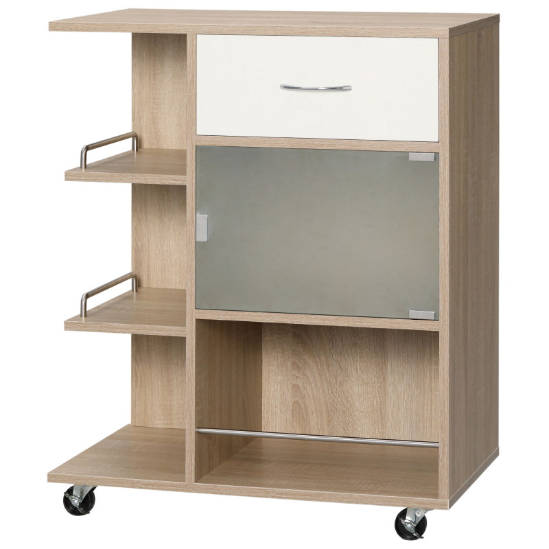 HOMCOM Küchenwagen, Servierwagen, 360° schwenkbare Rollen, Regale mit Sicherheitsstangen, Kücheninsel, mit Schublade, Regalen, Schrank, 65 x 39 x 80 cm, Natur Aosom – Bild 1 von 2
