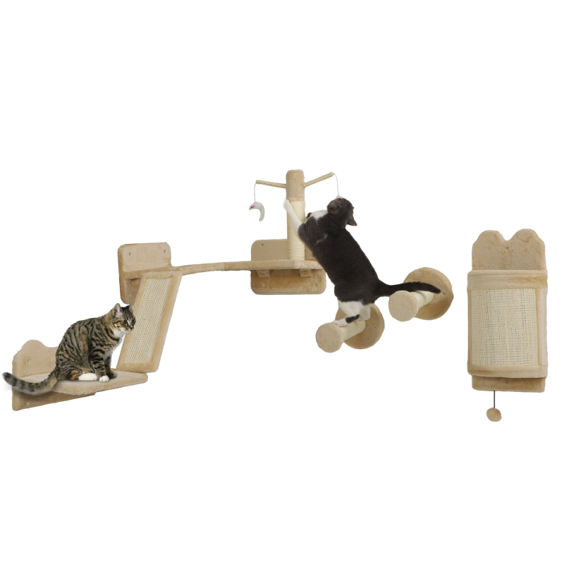 PawHut Katzen-Wandregale, Wandmöbelset für Katzen, 4-teiliges Set mit Regalen, Kratzbrettern, Sprungplattform, Teasern, Spielzeugball, beige Aosom – Bild 1 von 2