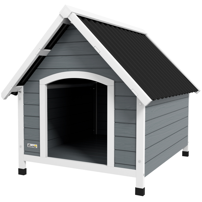 PawHut Hundehütte aus Holz für draußen, Hundehaus mit herausnehmbarem Boden, höhenverstellbaren Kunststoffbeinen, Hundehütte für mittelgroße Hunde, 84 x 99 x 87 cm, Grau Aosom – Bild 1 von 2