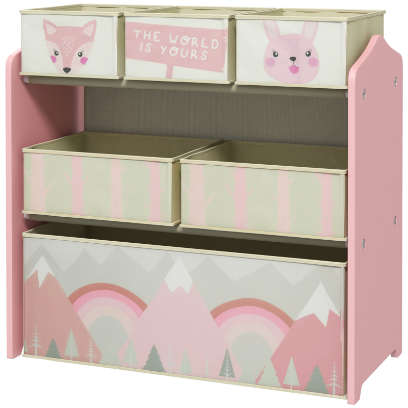 ZONEKIZ Kinderregal mit 6 abnehmbaren Stoffboxen, Spielzeug-Organizer, Regal 63L x 30B x 66H cm Rosa Aosom – Bild 1 von 2
