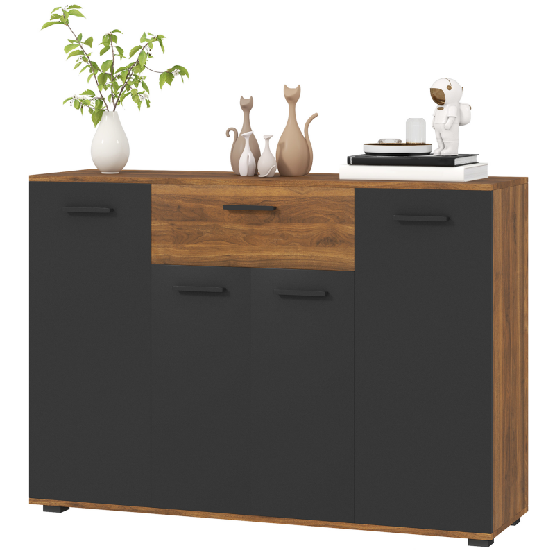 HOMCOM Buffet Wohnzimmerschrank Aufbewahrungsmöbel mit 4 Schränken, Schubladen und verstellbaren Regalen, Maße 120 x 35 x 85 cm, Braun und Schwarz Aosom – Bild 1 von 2