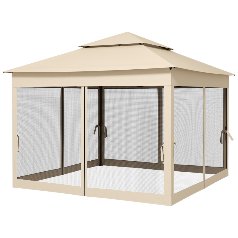 Outsunny Tonnelle de Jardin Pop-up pavillon Faltbar, 3 x 3 m, Metall Polyester, Wasserdicht Anti-UV, Moskitonetze + Transporttasche, Creme Aosom – Bild 1 von 2