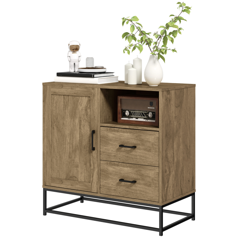 HOMCOM Buffet Wohnzimmer Aufbewahrungsmöbel modernes Design mit 2 Schubladen, offenem Fach und verstellbarem Regal - Esszimmer, Küche und Wohnzimmer Buffet, 80 x 40 x 78 cm, Naturholz Aosom – Bild 1 von 2