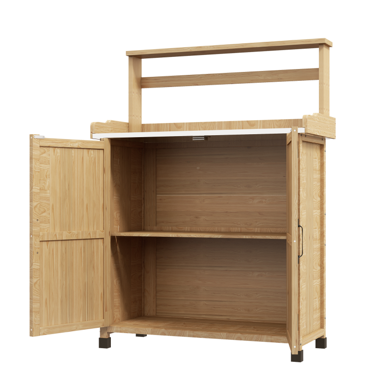 Outsunny Pflanztisch Gartentisch im rustikalen Stil mit Schrank und Regalen und verzinkter Arbeitsplatte rutschfeste Gummifüße Tannenholz vorgeölt Abm. 90,5L x 41B x 124,5H cm Gelb Aosom – Bild 1 von 2