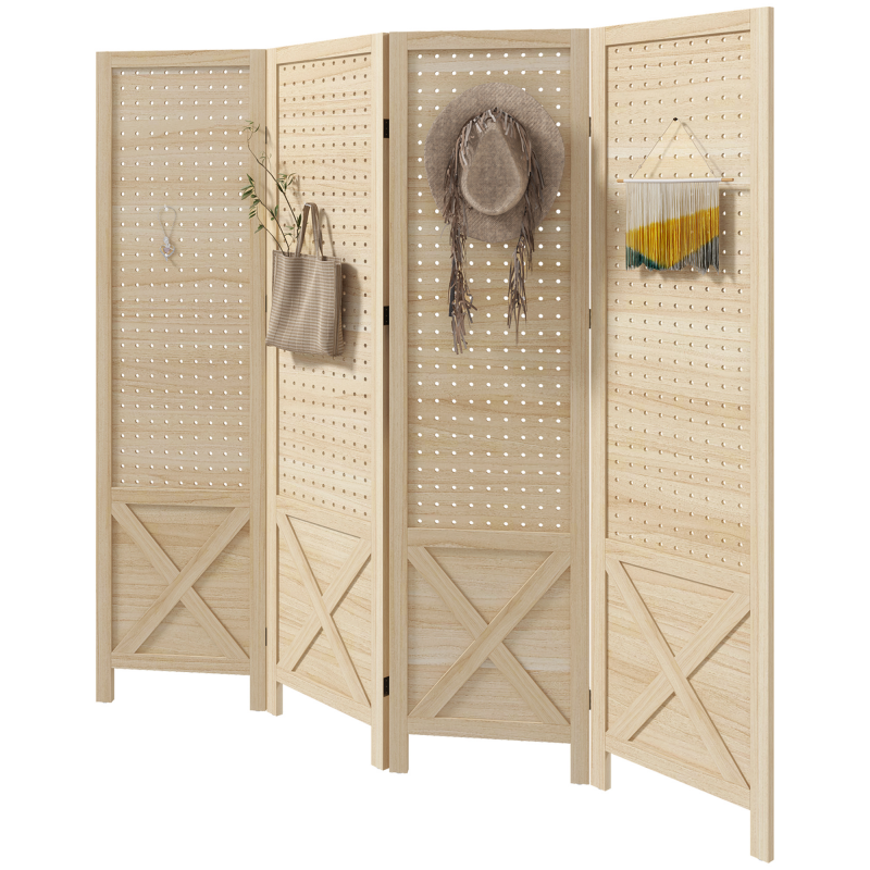 HOMCOM Innen-Paravent aus Holz, 4 Paneele, 152 x 144,5 cm, perforierte Platte, faltbarer Raumteiler, perforiertes Panel für Wohnzimmer, Schlafzimmer, Haus, Naturholz Aosom – Bild 1 von 2