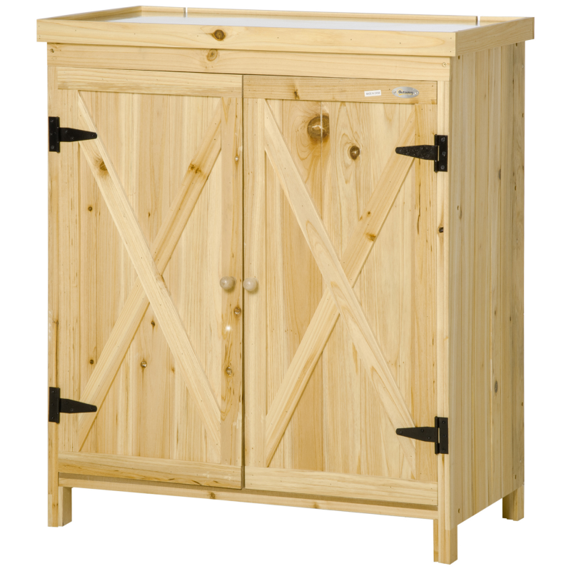 Outsunny Gartenschrank, Gartenaufbewahrungsschrank, mit verzinkter Metallplatte Doppeltüriger Schrank mit Griff und erhöhten Füßen aus massivem Holz 80 x 45 x 92 cm Naturholz Aosom – Bild 1 von 2
