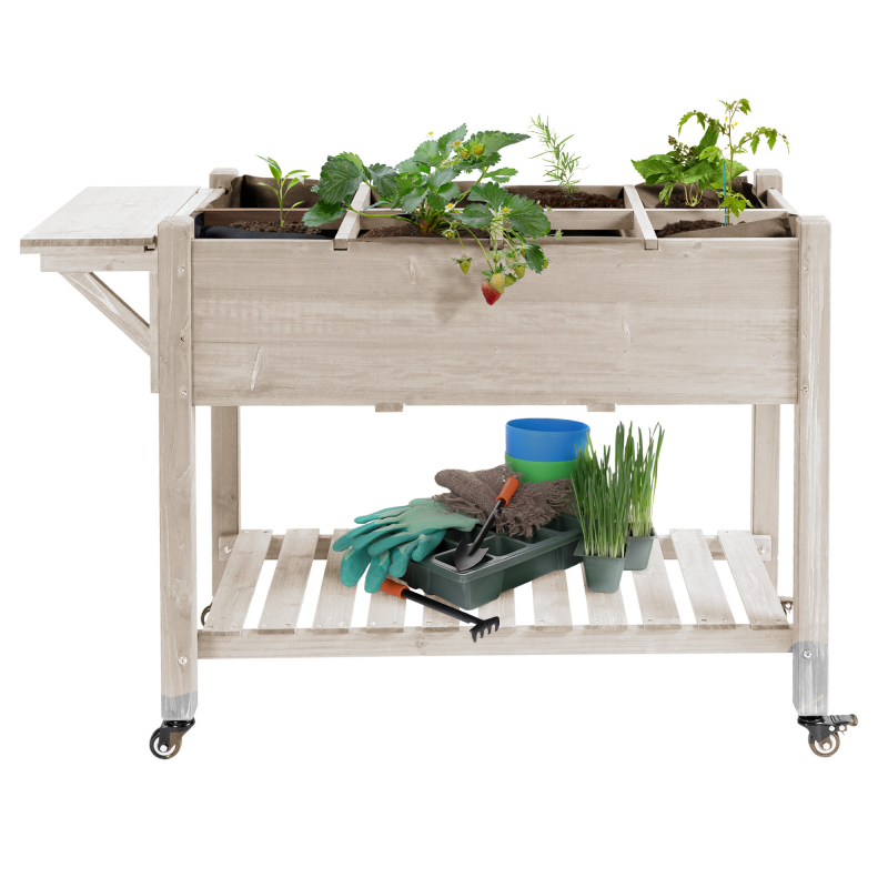 Outsunny Jardinière sur Pied - Hochbeet auf Rollen - Regal, Klappbarer Seitentisch, Bewässerungseinsätze, Drainagevlies Inklusive - Vorimprägniertes Fichtenholz Maße 123L x 54B x 87H cm Aosom – Bild 1 von 2